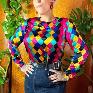 ANN MAY DESIGNER 80’s Vintage Does 50s Silk Harlequin Diamond Print Blouse Top L